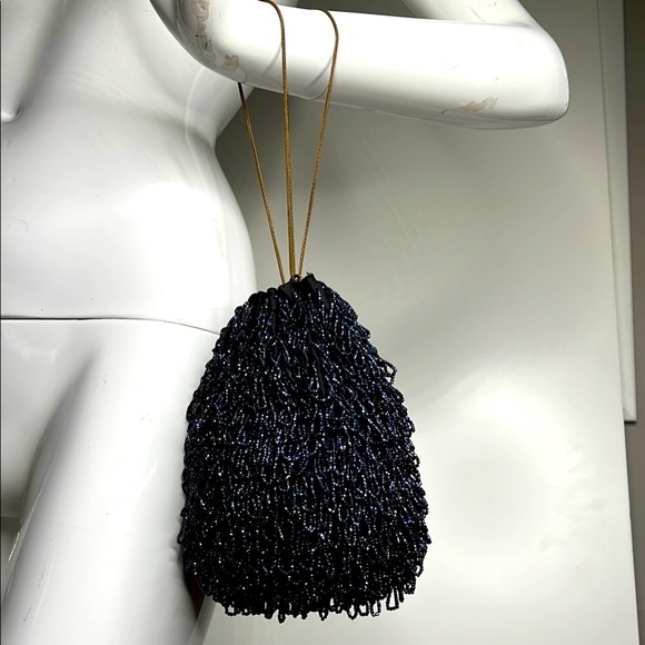 1920's Flapper Hand Stitched Iridescent Navy Blue Beaded Reticule Wristlet Bag - Picture 1 of 8